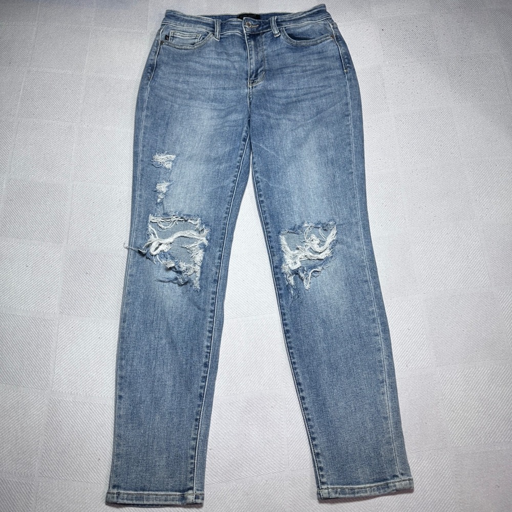 Judy Blue Boyfriend Jeans Womens 7/28 Distressed Ripped Stretch Denim Light Wash
